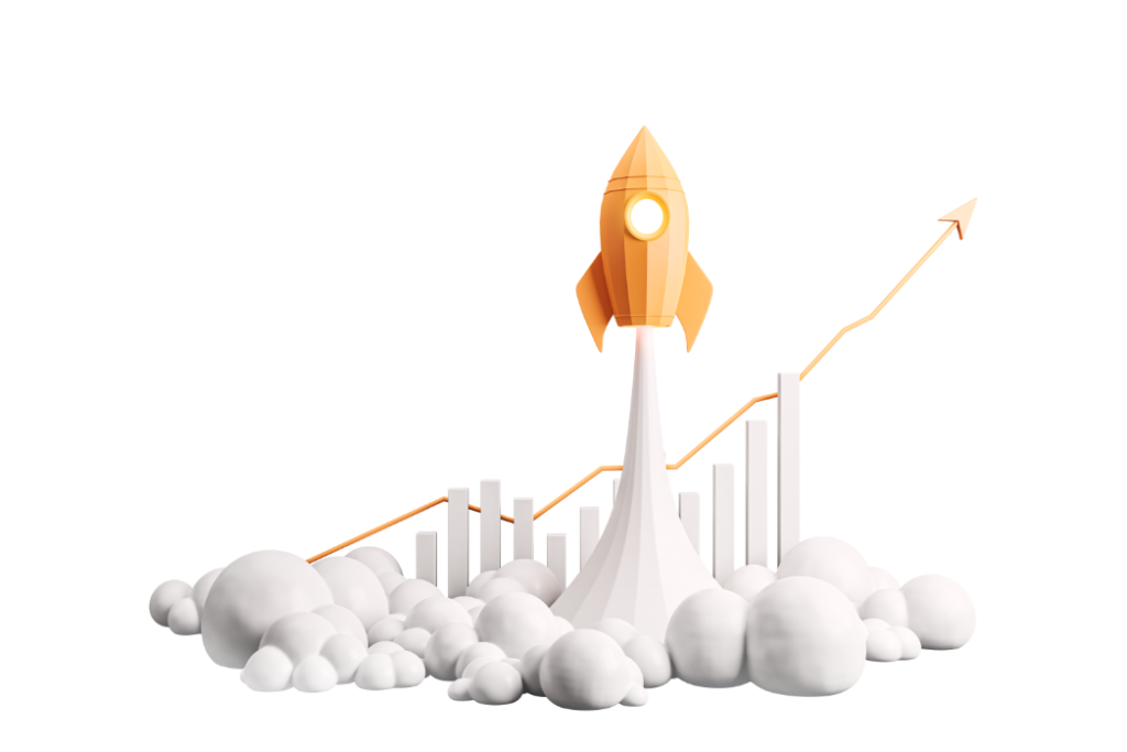 Illustration einer Rakete mit Säulendiagramm im Hintergrund
